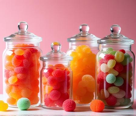 Glass jars showcasing a sophisticated array of colorful, high-end gummy candies