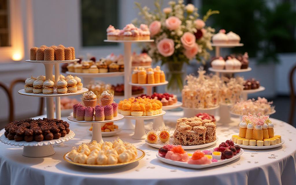 Elegant event dessert table with marine themed treats and luxury chocolates