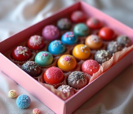 Luxury box of vibrant, hand-painted gourmet chocolate truffles