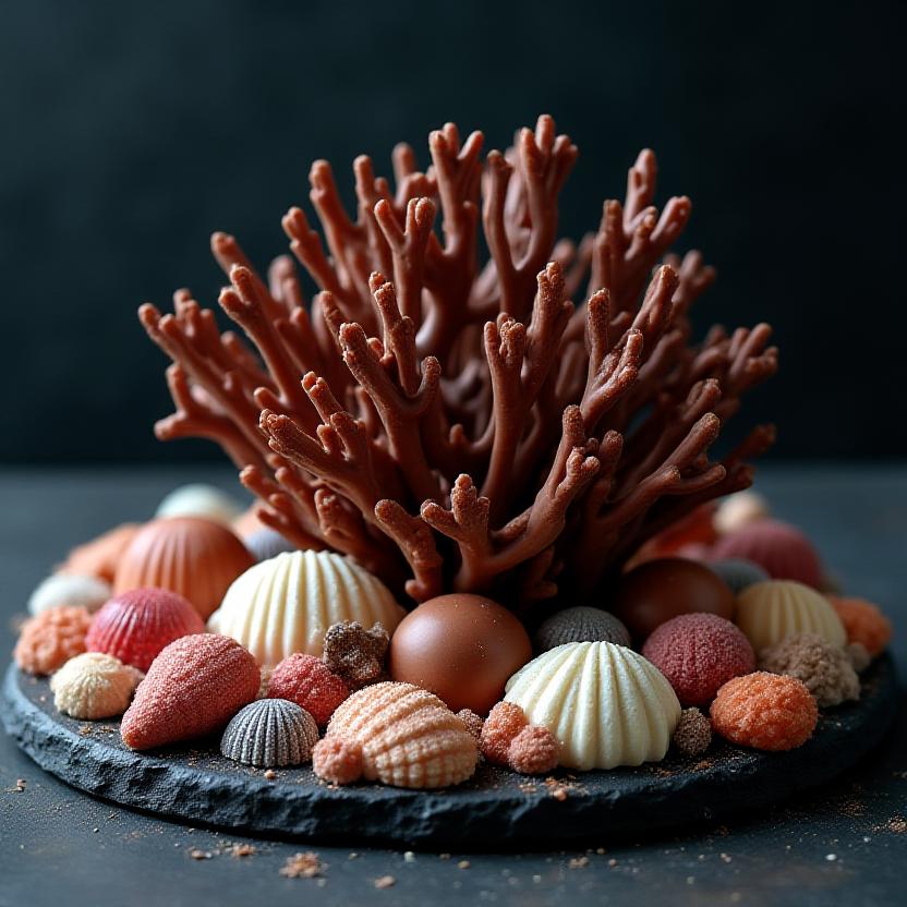 Large chocolate coral centerpiece and intricately shaped seashell chocolates